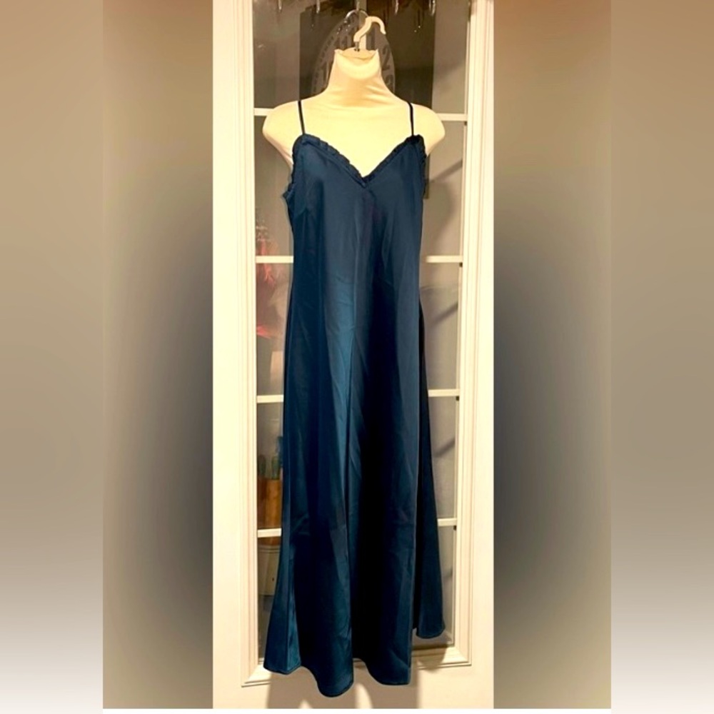 Lascana NWOT Slip Dress sz 10 in Teal Satin w/ Sweetheart Ruffle Trim